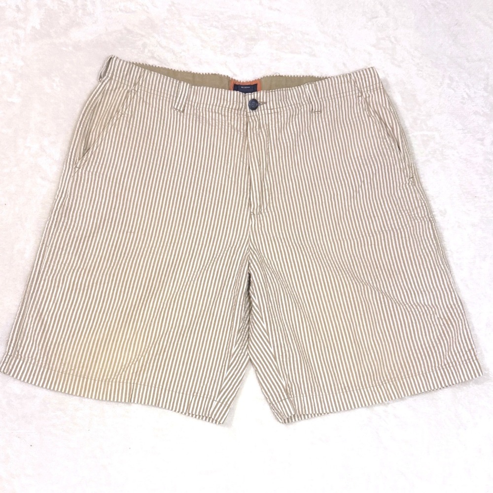 IZOD Seersucker Striped Mens Shorts Sz 36 Beige White Coastal Flat Front 9"
